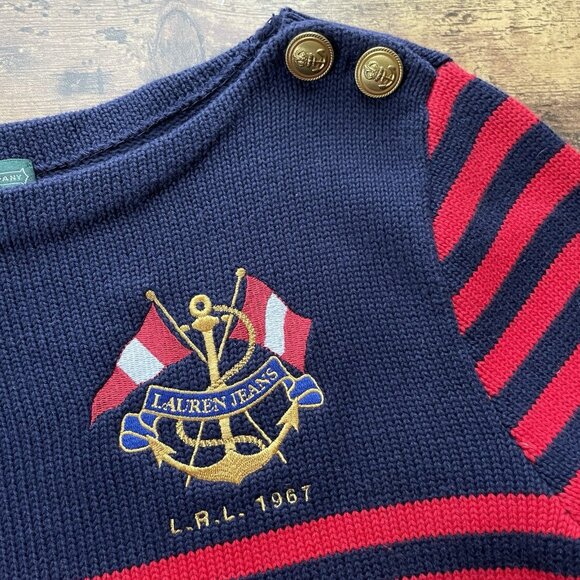 Ralph Lauren Jeans Co Womens Sweater Sz Medium Navy Blue Red Stripe Crested - Picture 8 of 9